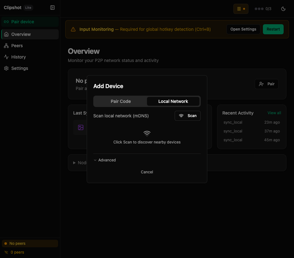 Add Device — Local Network tab
