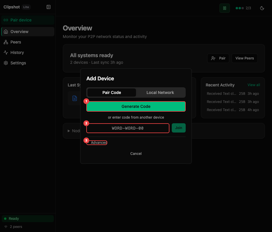 Add Device — Pair Code annotated