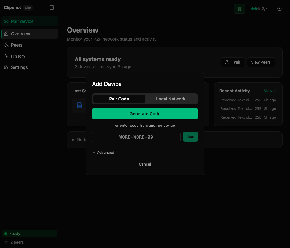 Add Device — Pair Code tab