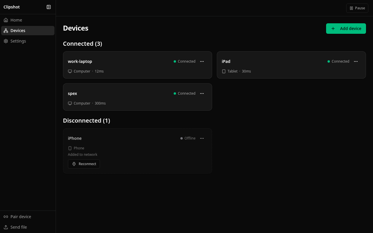 Devices on a desktop: Connected (3) — work-laptop, iPad and spex with their type and round-trip time — then Disconnected (1) with an offline iPhone showing "Added to network" and a Reconnect button