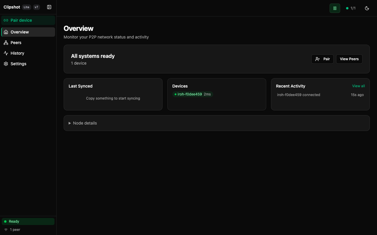 Overview page after first connection — dark theme