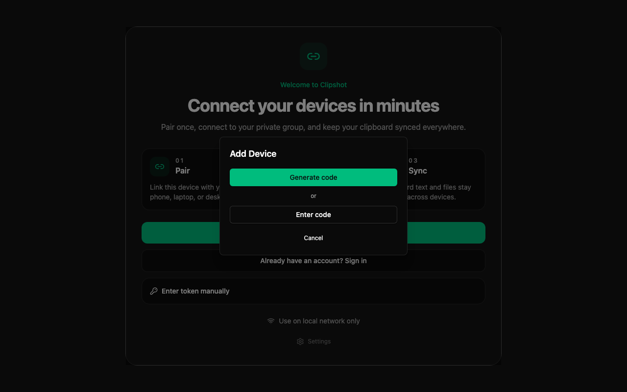 Pair dialog — dark theme