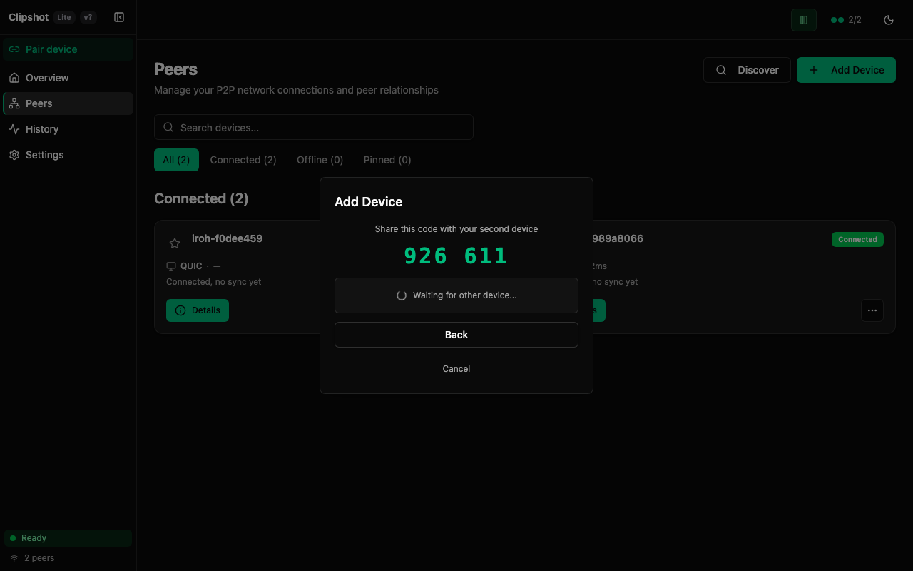 Peers page with two connected devices — dark theme
