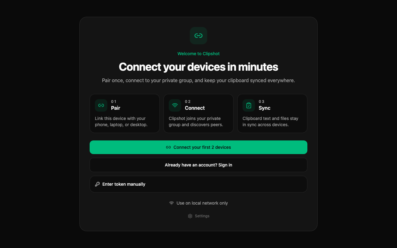 Welcome Screen — dark theme