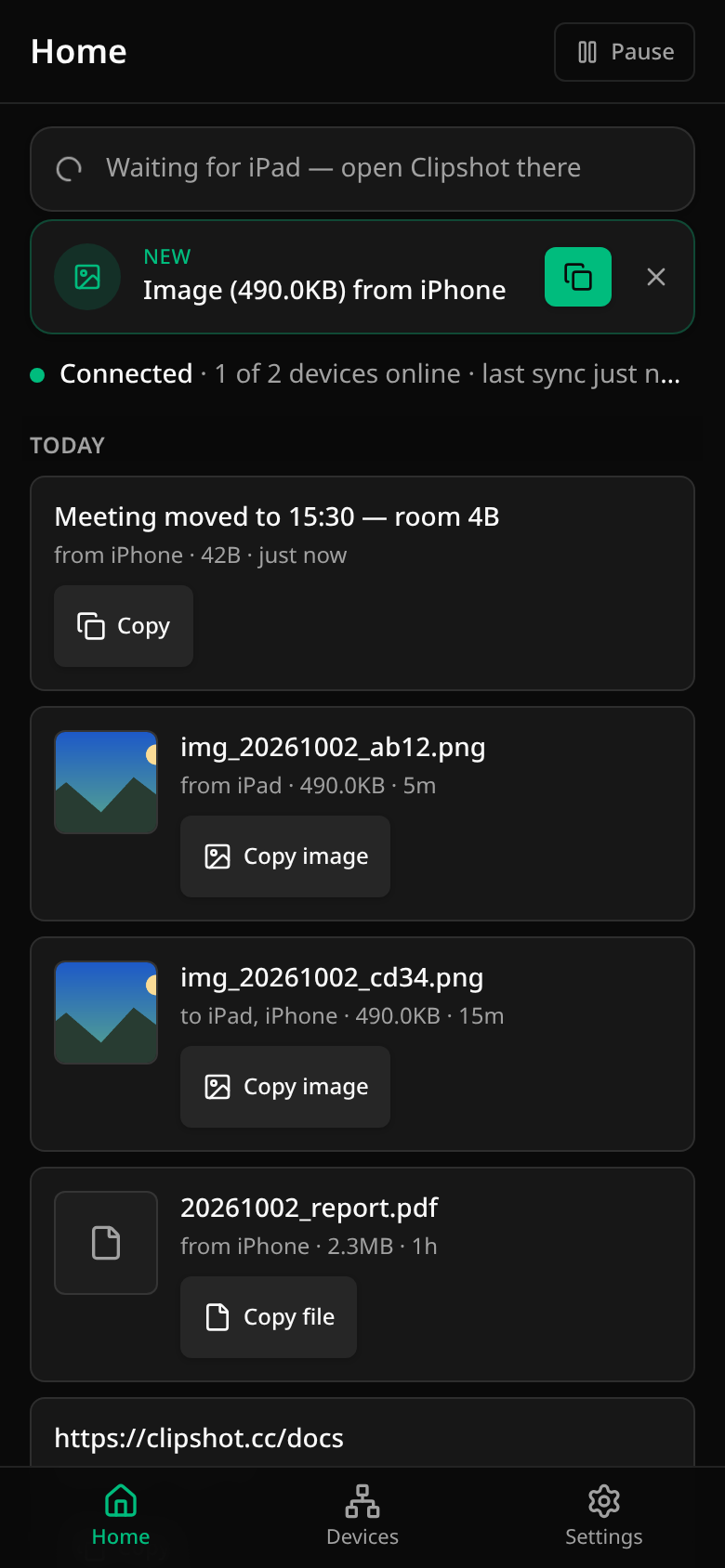 Home on a phone in a group of phones only: the waiting row «Waiting for iPad — open Clipshot there», the offer «Image (490.0KB) from iPhone» with the copy button and no Path, and feed rows with Copy, Copy image and Copy file only