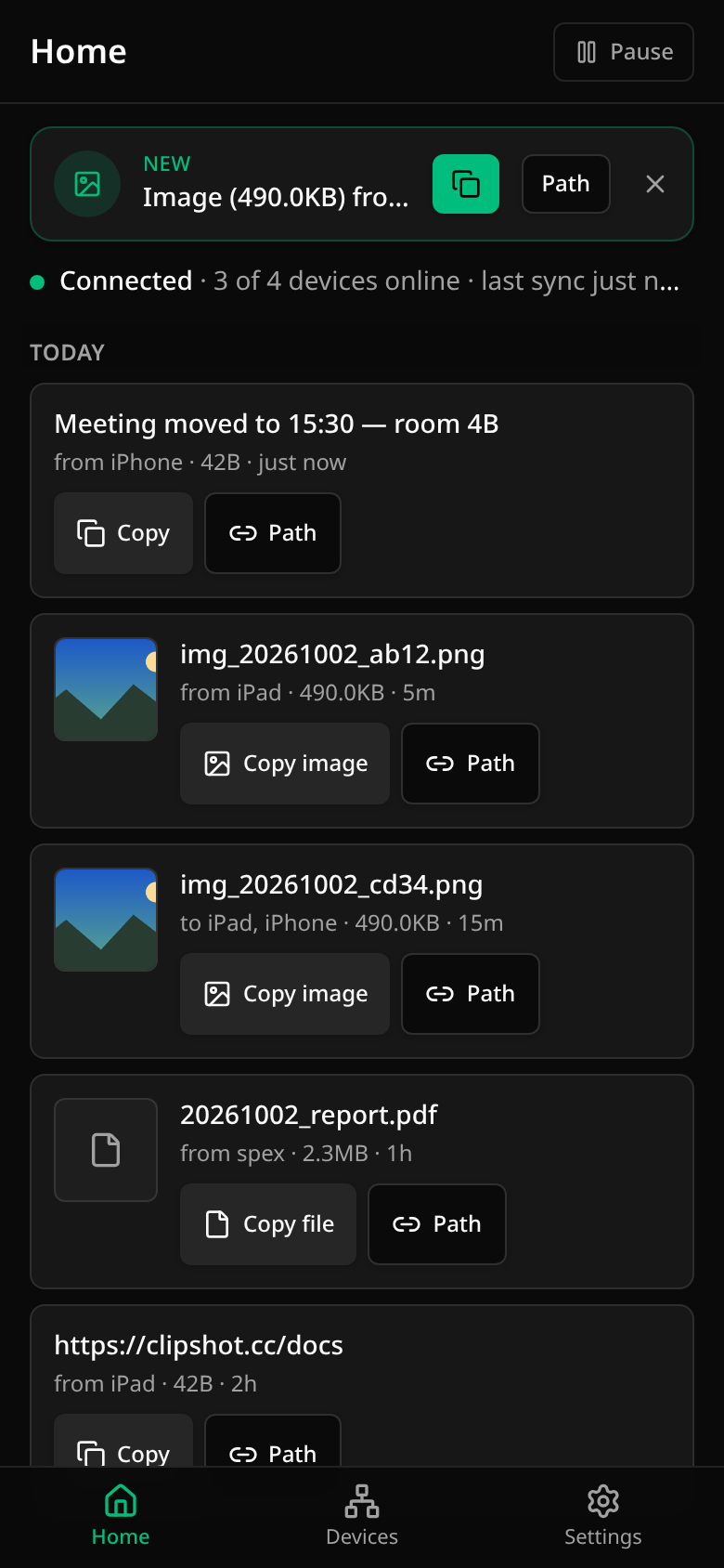 Home on a phone: the newest arrival offered at the top («Image (490.0KB) from …» with the copy button and Path), then the feed — text rows with Copy and a stale Path button (the fixture artefact noted above; a text never offers Path), picture rows with Copy image and Path, a file row with Copy file and Path