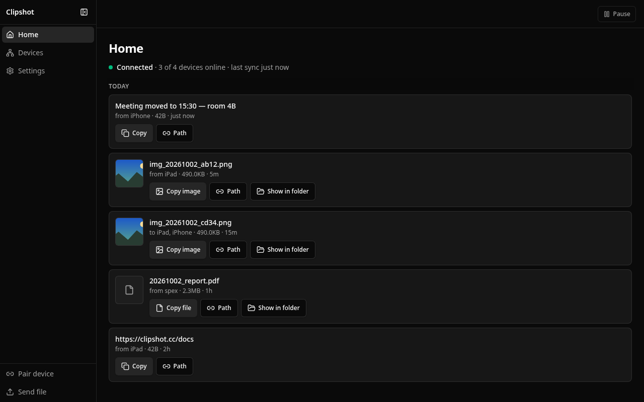 Home: the connection status and everything synced, newest first