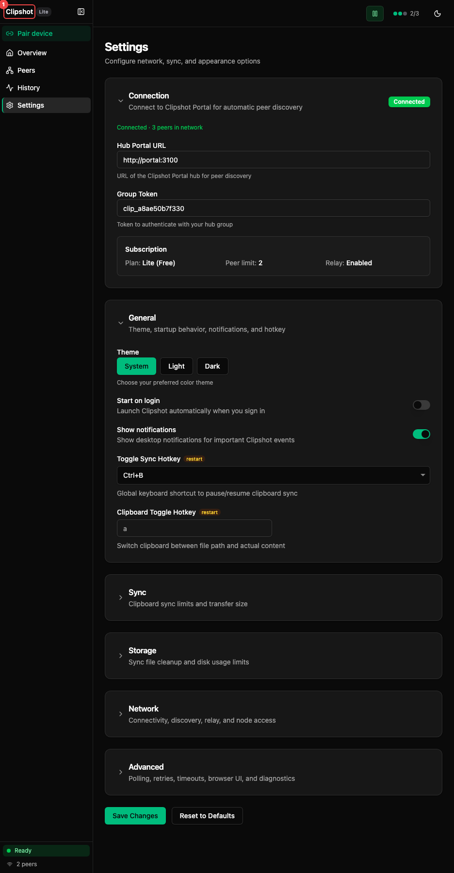 Settings page annotated