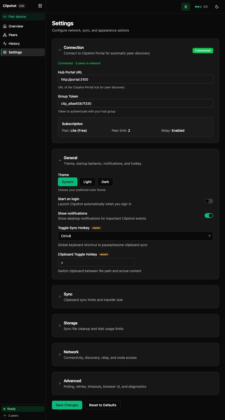 Settings page